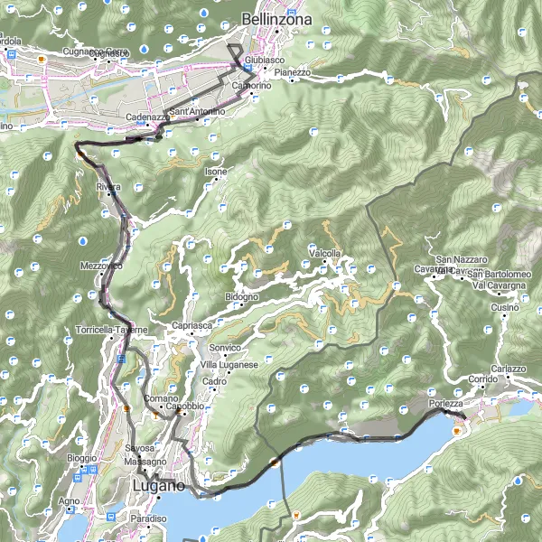 Miniatuurkaart van de fietsinspiratie "Lugano Lakeside Route" in Ticino, Switzerland. Gemaakt door de Tarmacs.app fietsrouteplanner