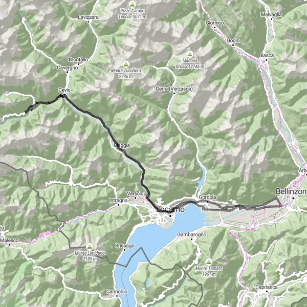 Miniatua del mapa de inspiración ciclista "Ruta de ciclismo de carretera desde Sementina II" en Ticino, Switzerland. Generado por Tarmacs.app planificador de rutas ciclistas
