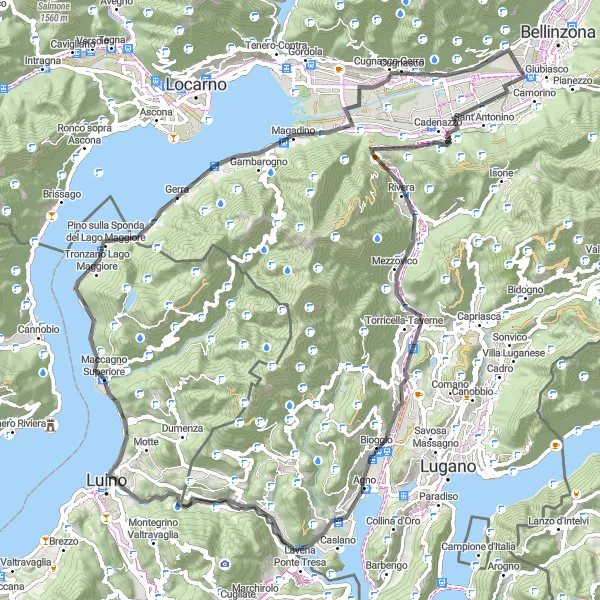 Kartminiatyr av "Sementina - Monte Ceneri - Monte San Giorgio - Ponte Tresa - Maccagno Superiore - Gerra - Cugnasco" cykelinspiration i Ticino, Switzerland. Genererad av Tarmacs.app cykelruttplanerare