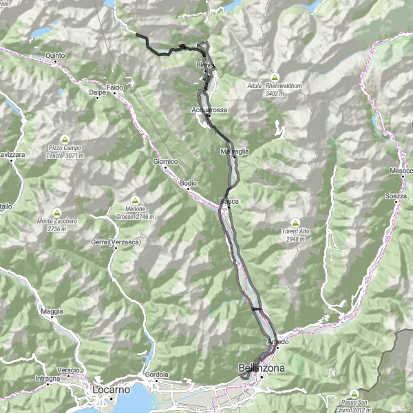 Miniatua del mapa de inspiración ciclista "Ruta de ciclismo de carretera desde Sementina" en Ticino, Switzerland. Generado por Tarmacs.app planificador de rutas ciclistas