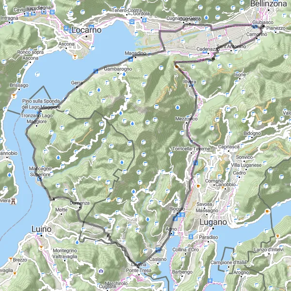 Miniature de la carte de l'inspiration cycliste "Tour en vélo à travers les collines de Ticino" dans la Ticino, Switzerland. Générée par le planificateur d'itinéraire cycliste Tarmacs.app
