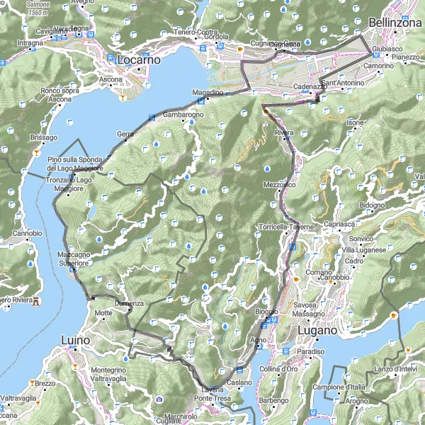 Miniatura della mappa di ispirazione al ciclismo "Giro dei Laghi Ticinesi" nella regione di Ticino, Switzerland. Generata da Tarmacs.app, pianificatore di rotte ciclistiche