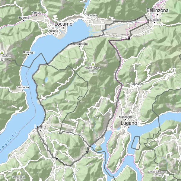 Mapa miniatúra "Jazda okolo Monte San Giorgio a Gerra" cyklistická inšpirácia v Ticino, Switzerland. Vygenerované cyklistickým plánovačom trás Tarmacs.app