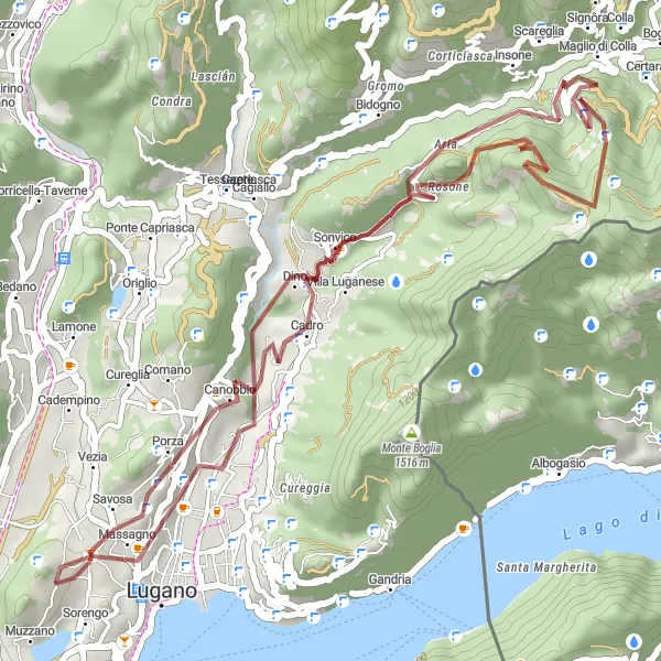 Miniatuurkaart van de fietsinspiratie "Sorengo naar Cadro via gravelwegen" in Ticino, Switzerland. Gemaakt door de Tarmacs.app fietsrouteplanner