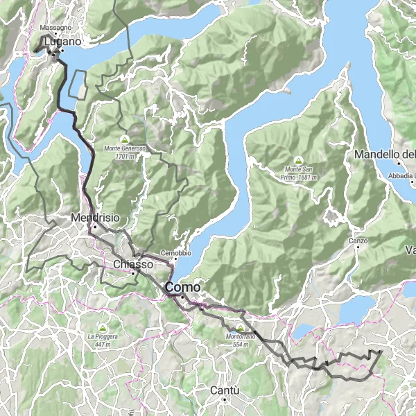 Zemljevid v pomanjšavi "Krožna cestna kolesarska pot okoli Luganskega jezera" kolesarske inspiracije v Ticino, Switzerland. Generirano z načrtovalcem kolesarskih poti Tarmacs.app