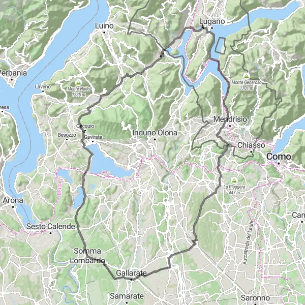 Map miniature of "Sorengo Loop via Monte San Salvatore and Monte della Rocca" cycling inspiration in Ticino, Switzerland. Generated by Tarmacs.app cycling route planner