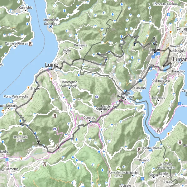 Map miniature of "Sorengo Loop via Monte San Giorgio and Sessa" cycling inspiration in Ticino, Switzerland. Generated by Tarmacs.app cycling route planner