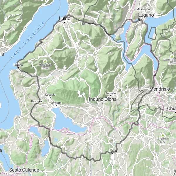 Map miniature of "Sorengo Round-Trip via Monte San Salvatore and Monte Scirlago" cycling inspiration in Ticino, Switzerland. Generated by Tarmacs.app cycling route planner