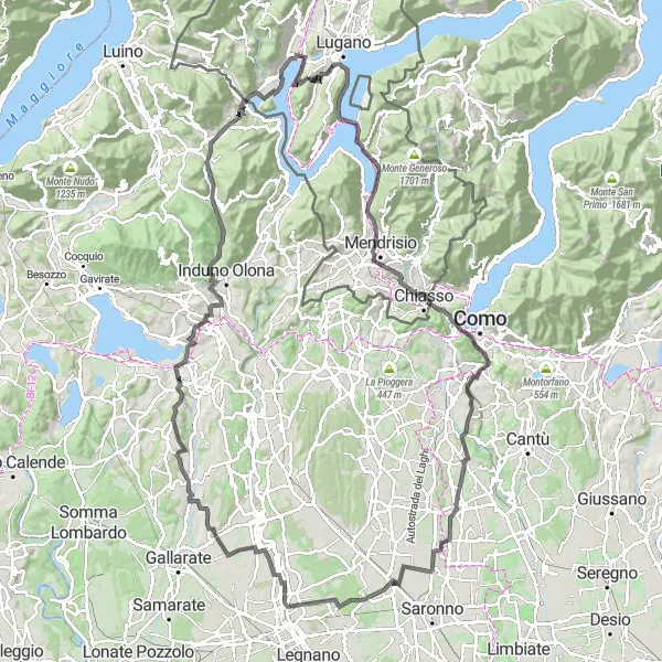 Miniaturní mapa "Výlet kolem Monte San Salvatore a Cardina" inspirace pro cyklisty v oblasti Ticino, Switzerland. Vytvořeno pomocí plánovače tras Tarmacs.app