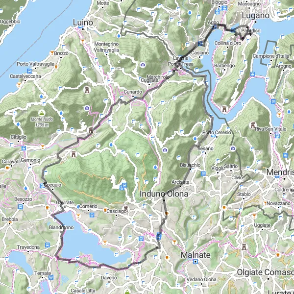 Miniatuurkaart van de fietsinspiratie "Sorengo naar Gentilino via Monte Varese" in Ticino, Switzerland. Gemaakt door de Tarmacs.app fietsrouteplanner