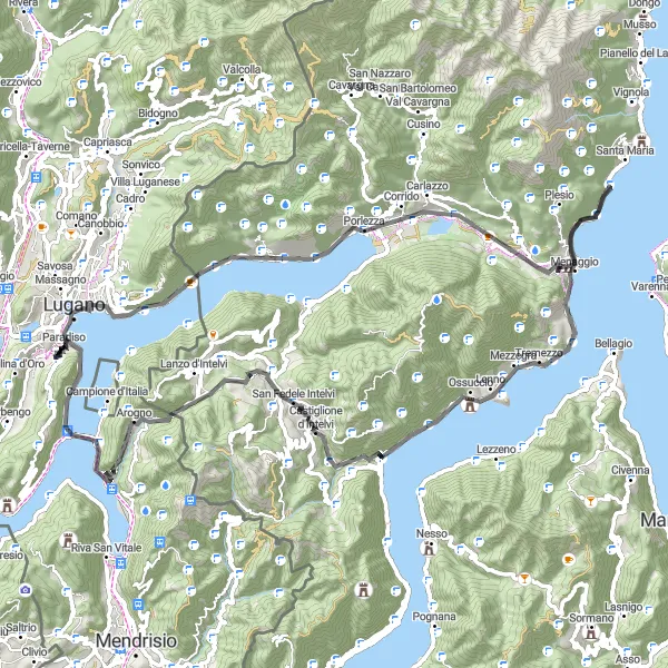 Miniatura della mappa di ispirazione al ciclismo "Sfida al Monte Bre" nella regione di Ticino, Switzerland. Generata da Tarmacs.app, pianificatore di rotte ciclistiche