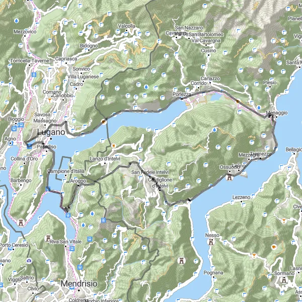 Zemljevid v pomanjšavi "Krožna kolesarska pot okoli jezera Lugano" kolesarske inspiracije v Ticino, Switzerland. Generirano z načrtovalcem kolesarskih poti Tarmacs.app