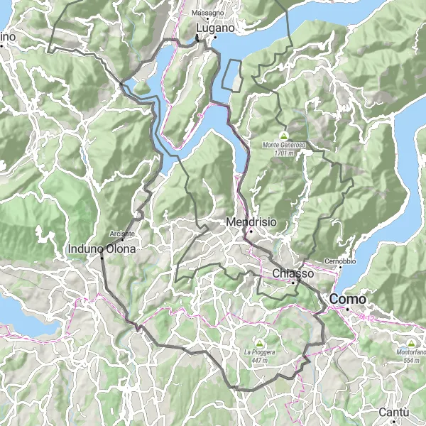 Map miniature of "Lake Lugano and Beyond" cycling inspiration in Ticino, Switzerland. Generated by Tarmacs.app cycling route planner
