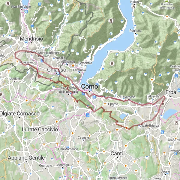 Miniatura della mappa di ispirazione al ciclismo "Giro in Gravel verso il Monte Olimpino" nella regione di Ticino, Switzerland. Generata da Tarmacs.app, pianificatore di rotte ciclistiche