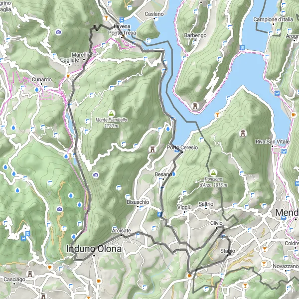 Miniaturní mapa "Cyklistický okruh kolem Porto Ceresio" inspirace pro cyklisty v oblasti Ticino, Switzerland. Vytvořeno pomocí plánovače tras Tarmacs.app