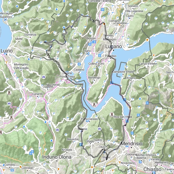 Mapa miniatúra "Okružná cyklistická trasa cez Vezia" cyklistická inšpirácia v Ticino, Switzerland. Vygenerované cyklistickým plánovačom trás Tarmacs.app
