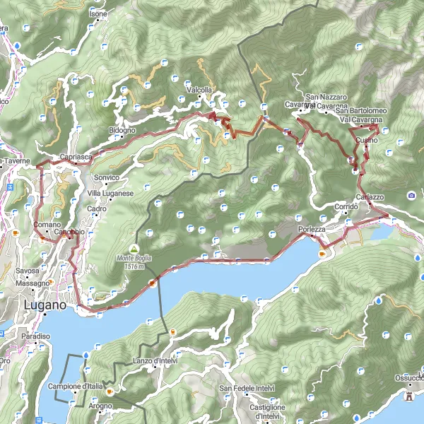 Miniatuurkaart van de fietsinspiratie "Grindpaden van Tesserete naar Lugano" in Ticino, Switzerland. Gemaakt door de Tarmacs.app fietsrouteplanner