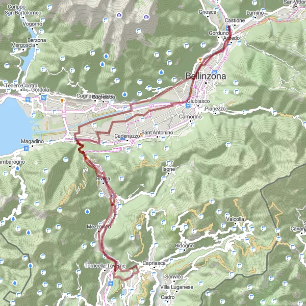 Miniaturní mapa "Gravelová cyklistická trasa Motto dei Fiori-Camignolo-Quartino-Monte Carasso-Arbedo-Contone-Monte Ceneri-Mezzovico-San Giorgio" inspirace pro cyklisty v oblasti Ticino, Switzerland. Vytvořeno pomocí plánovače tras Tarmacs.app