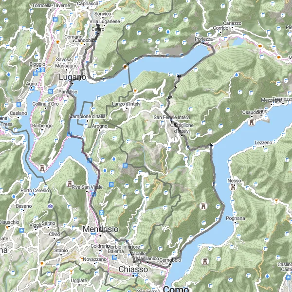 Zemljevid v pomanjšavi "91 km dolga cestna pot okoli Tessetra" kolesarske inspiracije v Ticino, Switzerland. Generirano z načrtovalcem kolesarskih poti Tarmacs.app