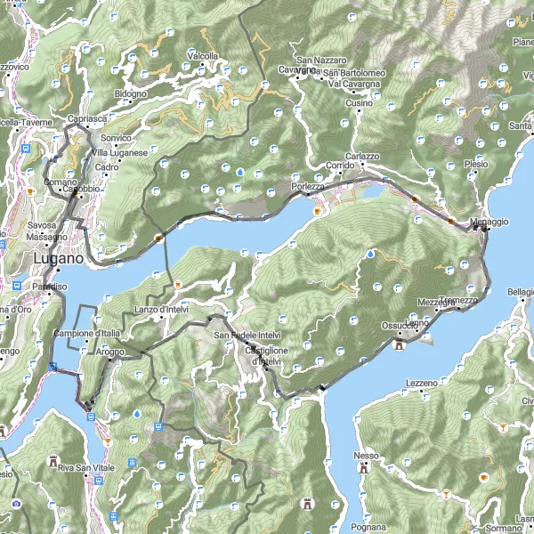 Mapa miniatúra "Okruh okolo Lago di Lugano" cyklistická inšpirácia v Ticino, Switzerland. Vygenerované cyklistickým plánovačom trás Tarmacs.app