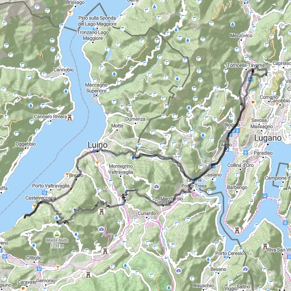 Miniature de la carte de l'inspiration cycliste "Montagnes et Lacs" dans la Ticino, Switzerland. Générée par le planificateur d'itinéraire cycliste Tarmacs.app