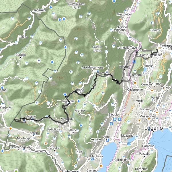 Miniatura della mappa di ispirazione al ciclismo "Tour in bicicletta da Tesserete a Novaggio e ritorno" nella regione di Ticino, Switzerland. Generata da Tarmacs.app, pianificatore di rotte ciclistiche