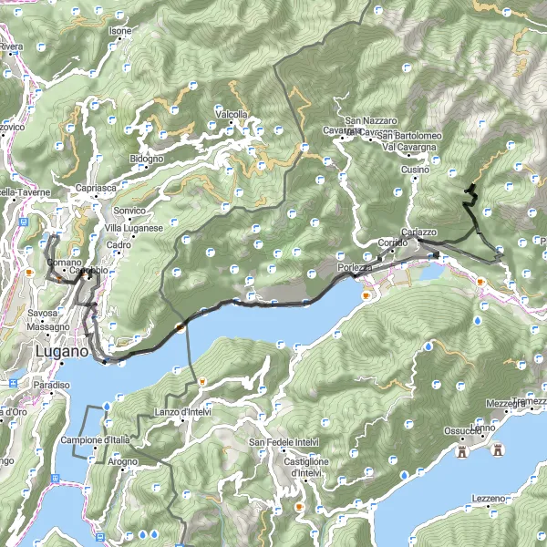 Zemljevid v pomanjšavi "Kolesarska pot okoli Luganskega jezera" kolesarske inspiracije v Ticino, Switzerland. Generirano z načrtovalcem kolesarskih poti Tarmacs.app
