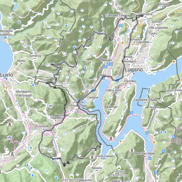 Miniaturní mapa "Cyklotrasa kolem Monte San Giorgio a Poncione di Ganna" inspirace pro cyklisty v oblasti Ticino, Switzerland. Vytvořeno pomocí plánovače tras Tarmacs.app
