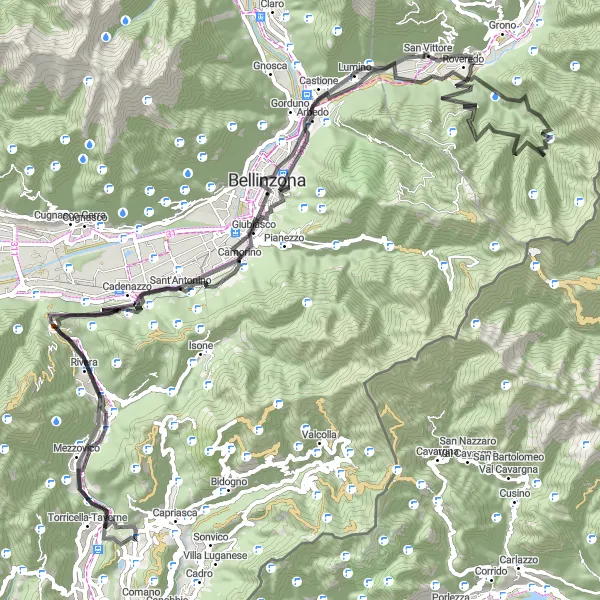 Mapa miniatúra "Tesserete - Rivera - San Vittore - Camignolo - San Giorgio" cyklistická inšpirácia v Ticino, Switzerland. Vygenerované cyklistickým plánovačom trás Tarmacs.app