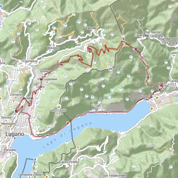 Miniaturekort af cykelinspirationen "Grusvejseventyr i Lugano-området" i Ticino, Switzerland. Genereret af Tarmacs.app cykelruteplanlægger