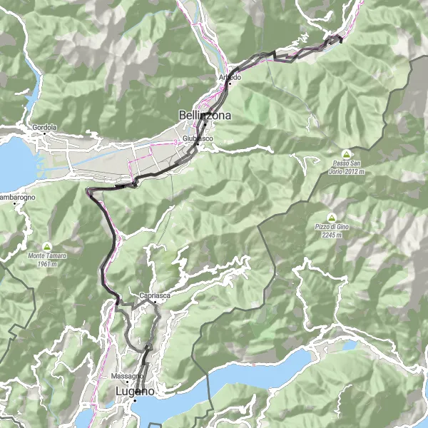 Miniature de la carte de l'inspiration cycliste "Parcours pittoresque à travers la région de Lugano" dans la Ticino, Switzerland. Générée par le planificateur d'itinéraire cycliste Tarmacs.app