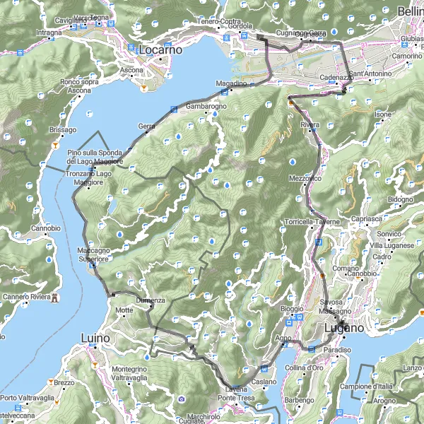 Map miniature of "Lugano and Surrounding Beauty" cycling inspiration in Ticino, Switzerland. Generated by Tarmacs.app cycling route planner
