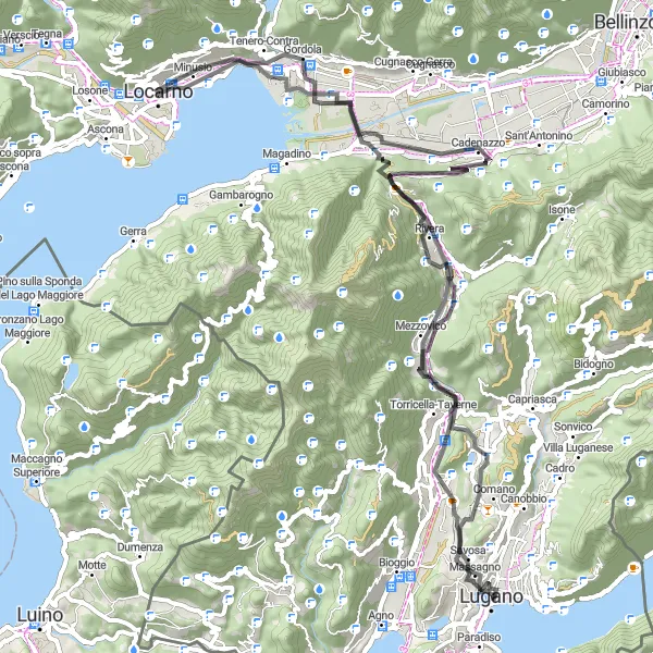 Karttaminiaatyyri "Lugano - Locarno - Panorama sulla città" pyöräilyinspiraatiosta alueella Ticino, Switzerland. Luotu Tarmacs.app pyöräilyreittisuunnittelijalla
