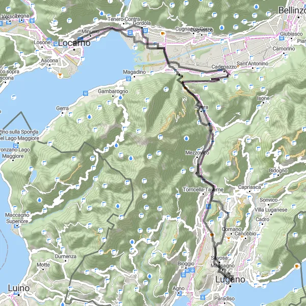 Zemljevid v pomanjšavi "Raziščite čare Ticina na kolesu" kolesarske inspiracije v Ticino, Switzerland. Generirano z načrtovalcem kolesarskih poti Tarmacs.app