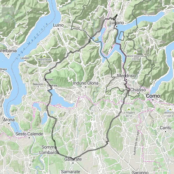 Kartminiatyr av "Landskapet rundt Viganello Eventyr" sykkelinspirasjon i Ticino, Switzerland. Generert av Tarmacs.app sykkelrutoplanlegger