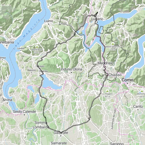 Miniatura della mappa di ispirazione al ciclismo "Avventura in bicicletta da Viganello a Bioggio e ritorno" nella regione di Ticino, Switzerland. Generata da Tarmacs.app, pianificatore di rotte ciclistiche