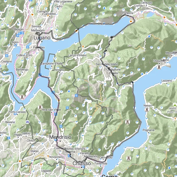 Miniature de la carte de l'inspiration cycliste "Ciclismo panoramique autour du lac de Lugano" dans la Ticino, Switzerland. Générée par le planificateur d'itinéraire cycliste Tarmacs.app