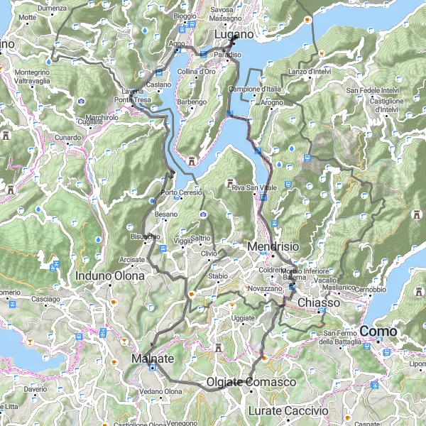 Miniatura della mappa di ispirazione al ciclismo "Giro in bicicletta da Viganello a Monte San Salvatore" nella regione di Ticino, Switzerland. Generata da Tarmacs.app, pianificatore di rotte ciclistiche