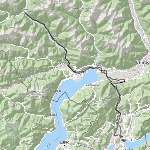 Kartminiatyr av "Viganello til Ponte Brolla via Monte Ceneri" sykkelinspirasjon i Ticino, Switzerland. Generert av Tarmacs.app sykkelrutoplanlegger