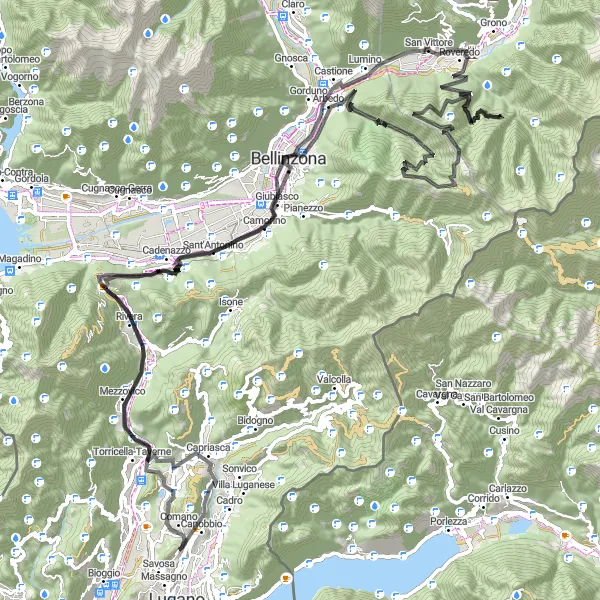 Miniatuurkaart van de fietsinspiratie "Route vanuit Viganello via Bironico en Giubiasco" in Ticino, Switzerland. Gemaakt door de Tarmacs.app fietsrouteplanner