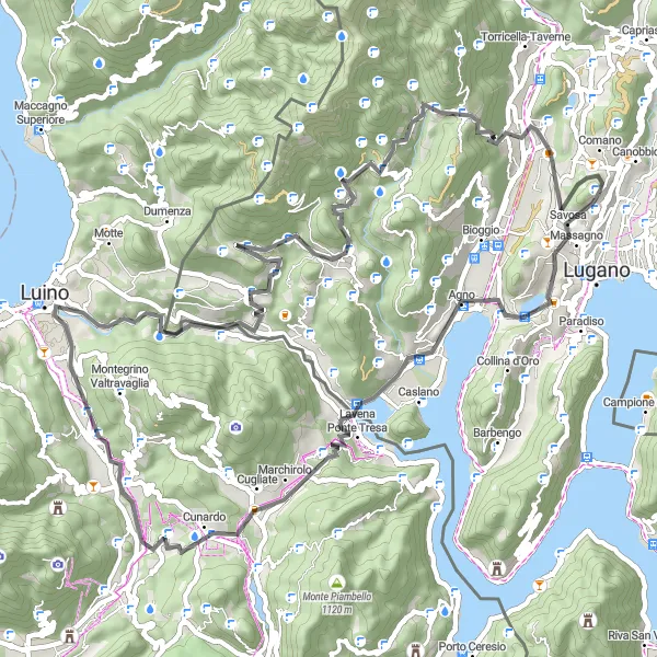 Miniatura della mappa di ispirazione al ciclismo "Giro in bicicletta da Viganello a Sessa e ritorno" nella regione di Ticino, Switzerland. Generata da Tarmacs.app, pianificatore di rotte ciclistiche