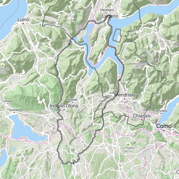 Map miniature of "Lugano Lakeside Loop" cycling inspiration in Ticino, Switzerland. Generated by Tarmacs.app cycling route planner