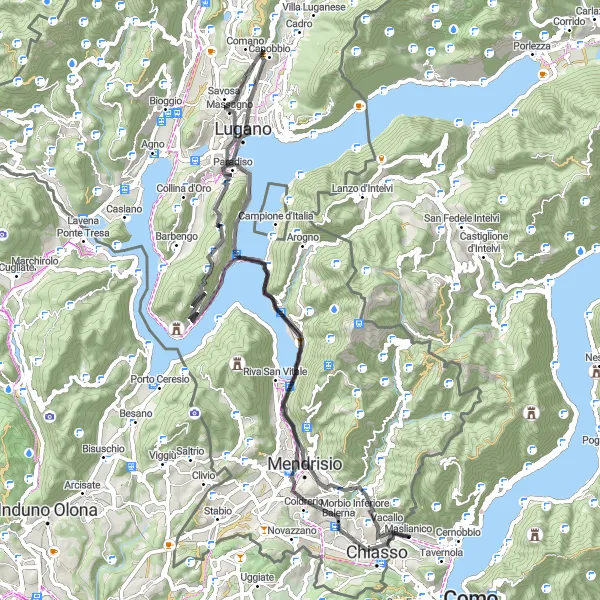 Karttaminiaatyyri "Luganolaiset järvimaisemat" pyöräilyinspiraatiosta alueella Ticino, Switzerland. Luotu Tarmacs.app pyöräilyreittisuunnittelijalla