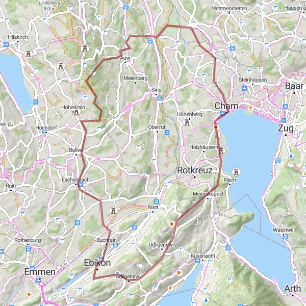 Karttaminiaatyyri "Adligenswilin sora-ajomatka 58 km: luonnonkauniilla reitillä" pyöräilyinspiraatiosta alueella Zentralschweiz, Switzerland. Luotu Tarmacs.app pyöräilyreittisuunnittelijalla