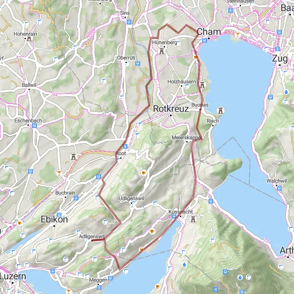 Karttaminiaatyyri "Adligenswilin sora-ajoreitti 41 km: luonnonkauniilla maisemilla" pyöräilyinspiraatiosta alueella Zentralschweiz, Switzerland. Luotu Tarmacs.app pyöräilyreittisuunnittelijalla
