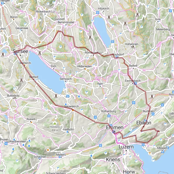 Miniaturekort af cykelinspirationen "Grusvejscykelrute til Sursee og Nottwil" i Zentralschweiz, Switzerland. Genereret af Tarmacs.app cykelruteplanlægger