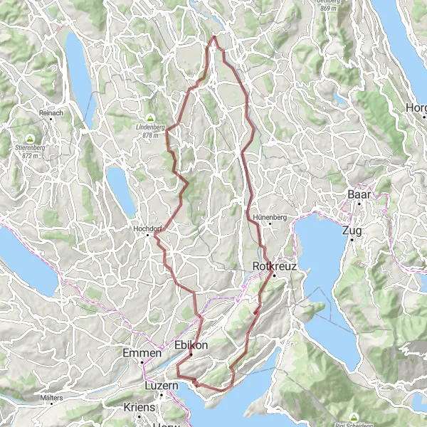 Karttaminiaatyyri "Adligenswilin kiertävä gruskitie III" pyöräilyinspiraatiosta alueella Zentralschweiz, Switzerland. Luotu Tarmacs.app pyöräilyreittisuunnittelijalla