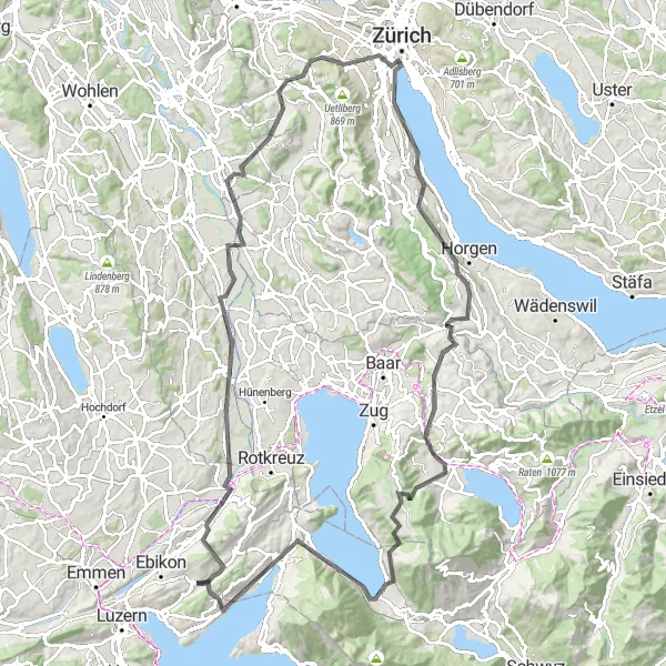 Karttaminiaatyyri "Adligenswilin kiertoreitti 110 km: tien varrella" pyöräilyinspiraatiosta alueella Zentralschweiz, Switzerland. Luotu Tarmacs.app pyöräilyreittisuunnittelijalla