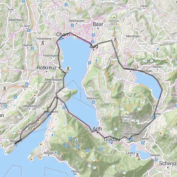 Miniatuurkaart van de fietsinspiratie "Wegrit langs de prachtige meren van Zug en Ägerisee" in Zentralschweiz, Switzerland. Gemaakt door de Tarmacs.app fietsrouteplanner