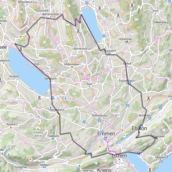 Mapa miniatúra "Výlet okolo jazera Baldeggersee a pôvabnej Sempach" cyklistická inšpirácia v Zentralschweiz, Switzerland. Vygenerované cyklistickým plánovačom trás Tarmacs.app